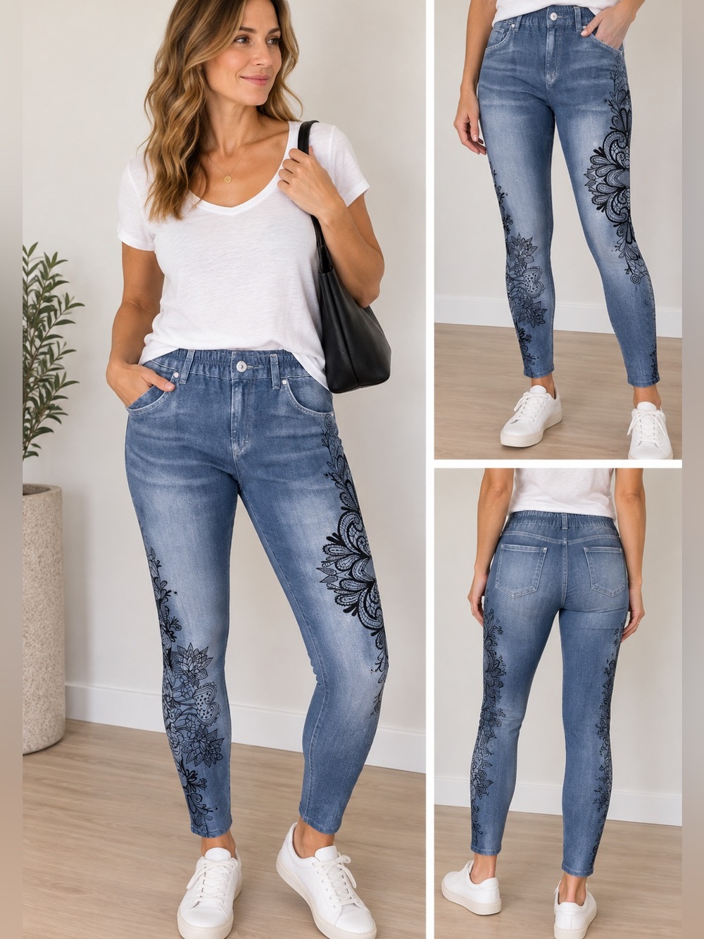 SHEIN Blue Denim-Look Jeggings with Black Floral Print